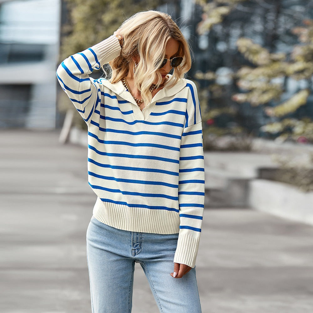 Striped Lapel Collar Sweater (4 colors)