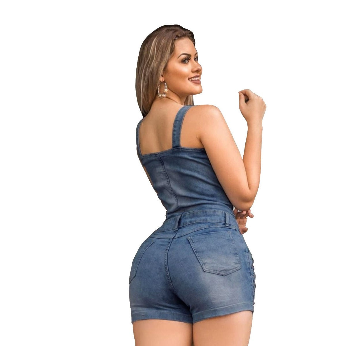 Light Blue Square Neck Slim Fit Denim Overall Romper