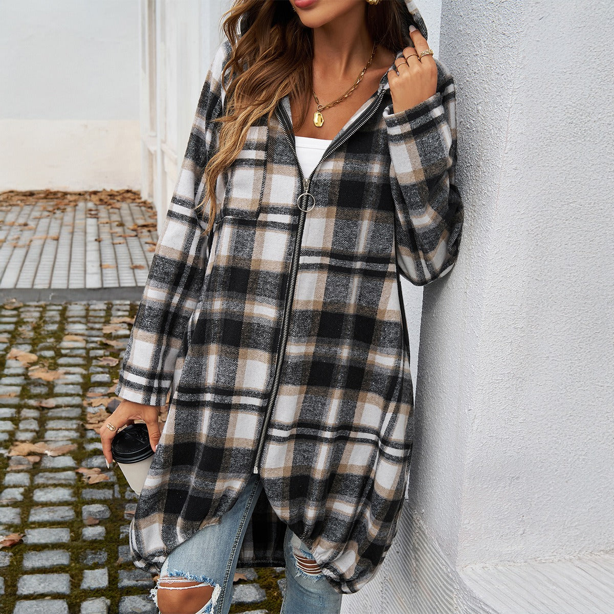 Loose Fit Contrasting Plaid Longline Full Zip Hoodie (4 colors)