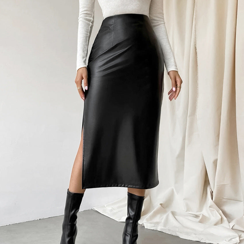 Black Commuter French PU Leather High Waist Split Pencil Midi Skirt