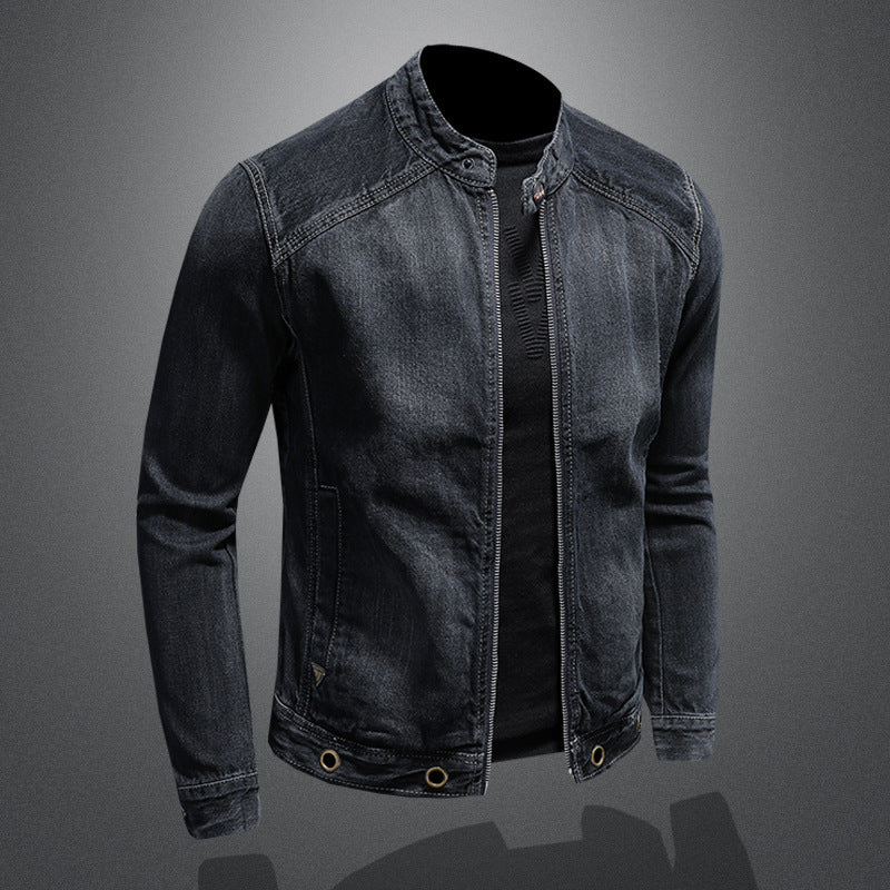 Men's Band Collar Dark Blue Denim Shacket