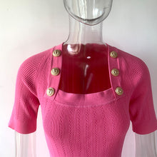 Cargar imagen en el visor de la galería, Smocked Square Collar Short Sleeve Zip Back Office Midi Dress (Rose Red/Black)