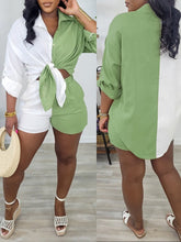 Load image into Gallery viewer, Two Tone Front Tie Long Sleeve Asymmetrical Blouse and Shorts Set