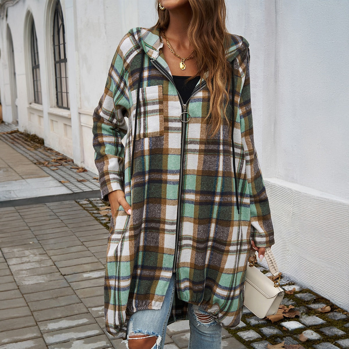 Loose Fit Contrasting Plaid Longline Full Zip Hoodie (4 colors)