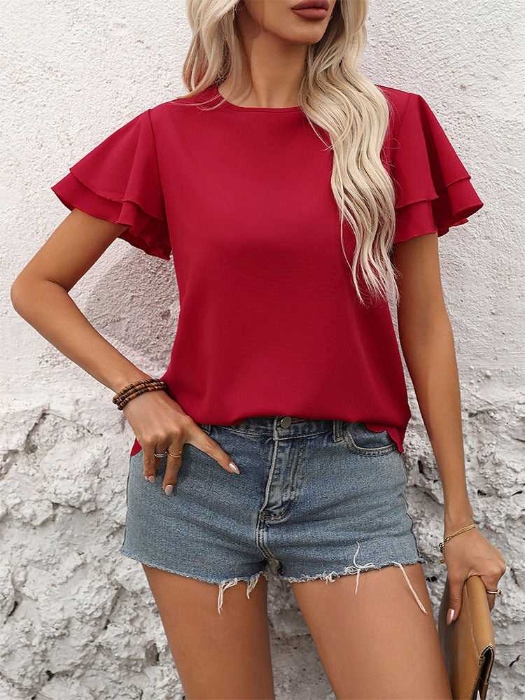 Red Double Layer Solid Color Round Neck Petal Sleeve Blouse