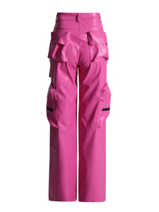 Pink High Waist PU Leather Spliced Cargo Pants