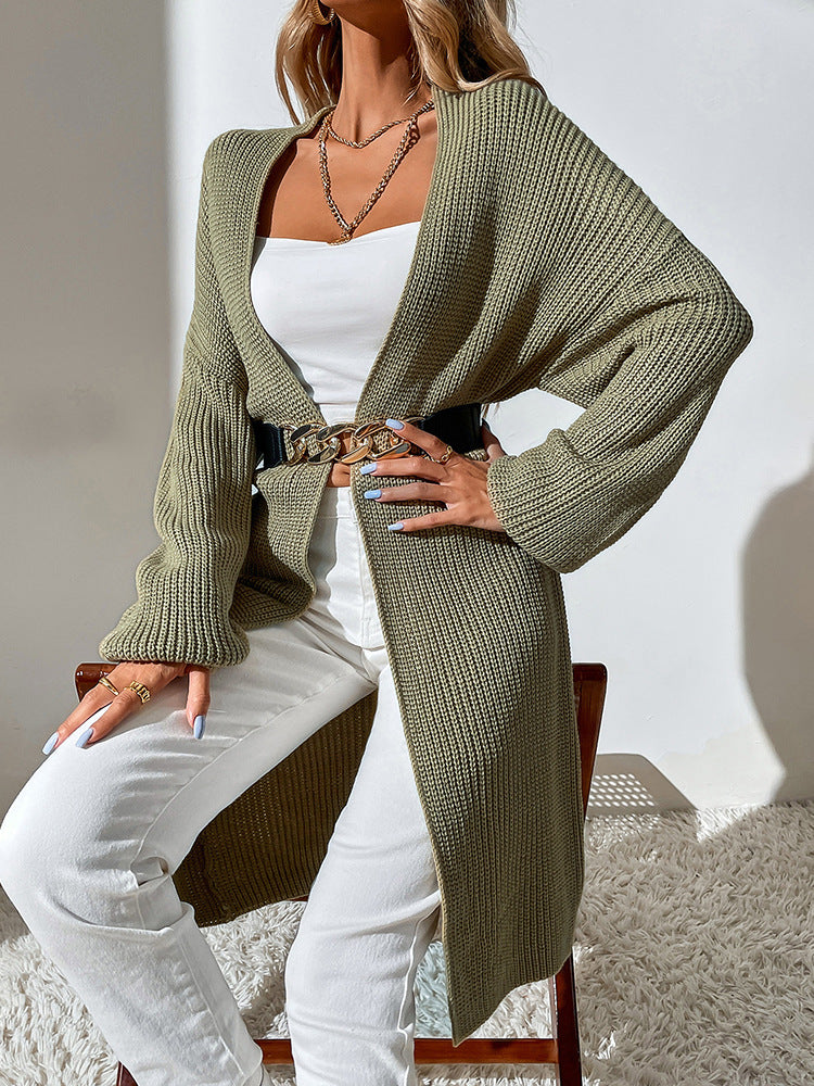 Army Green Longline V-neck Knit Cardigan