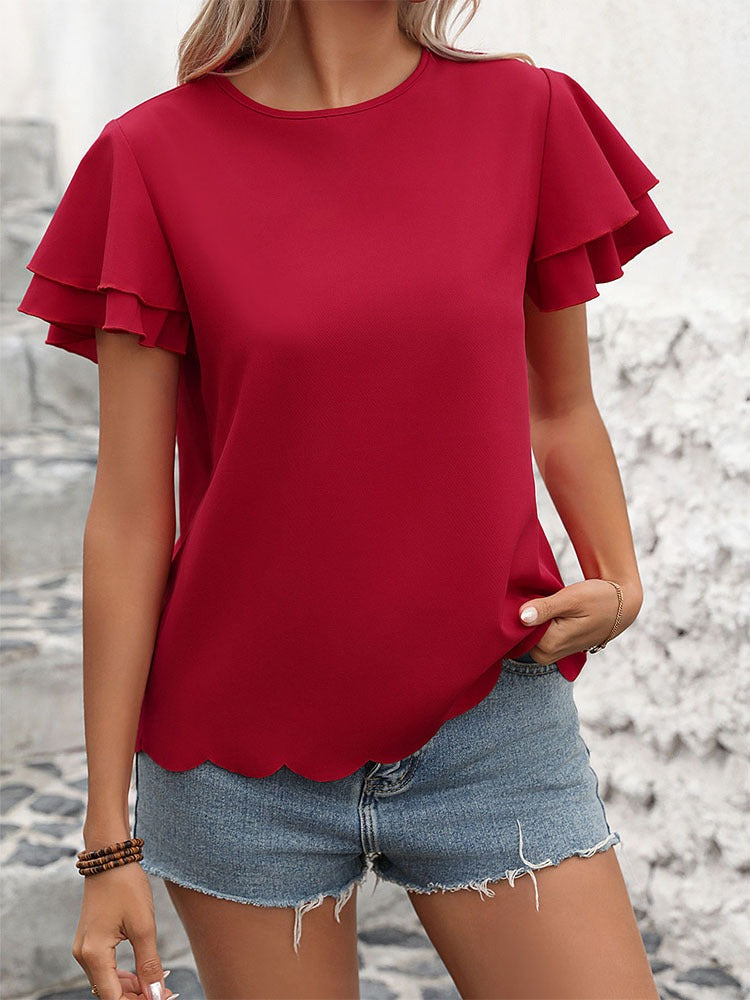 Red Double Layer Solid Color Round Neck Petal Sleeve Blouse