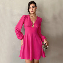 Load image into Gallery viewer, Rose Red V-neck Puff Sleeve A-line Smock Waist Mini Dress