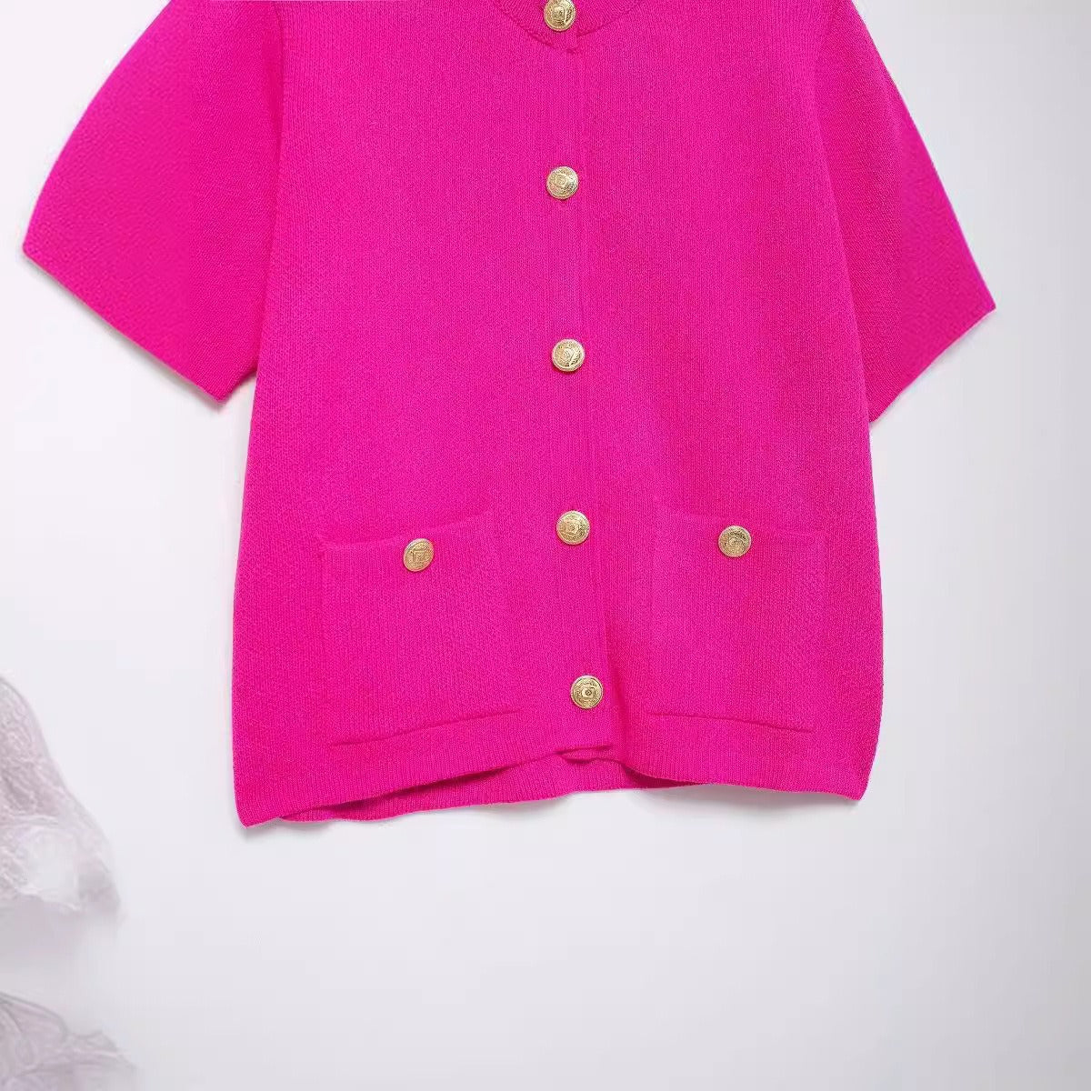 Pink Short Sleeve Knit V-neck Blouse