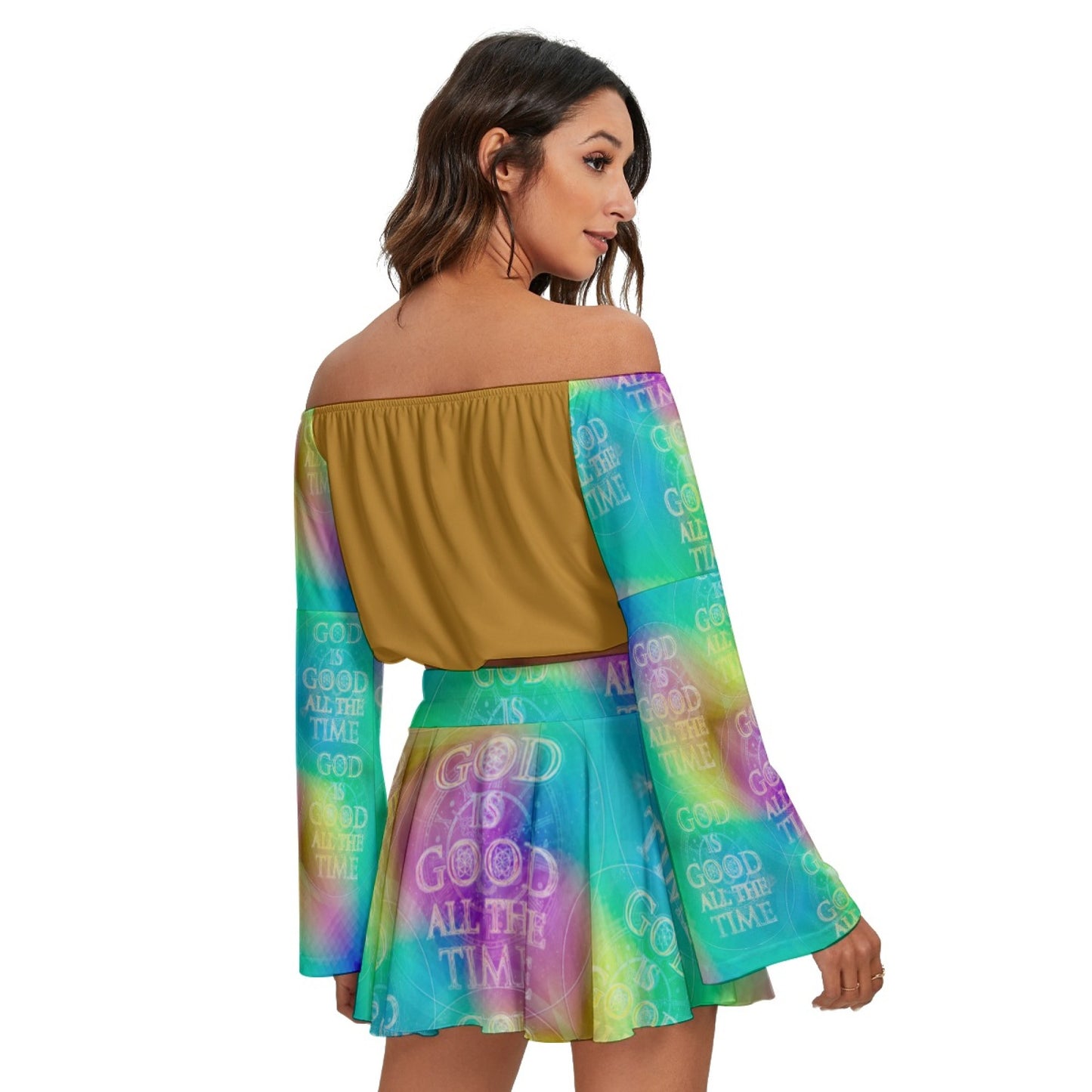 Chroma-Shift Art-to-Wear: God is Good All The Time 01-03 Cropped Off Shoulder Bell Sleeve Top and Pleated Mini Skirt Set