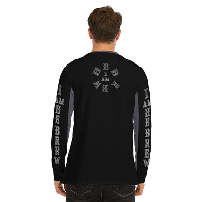 I AM HEBREW 02-02 Men's Designer Long Sleeve Cotton T-shirt, Black+BlackChrome