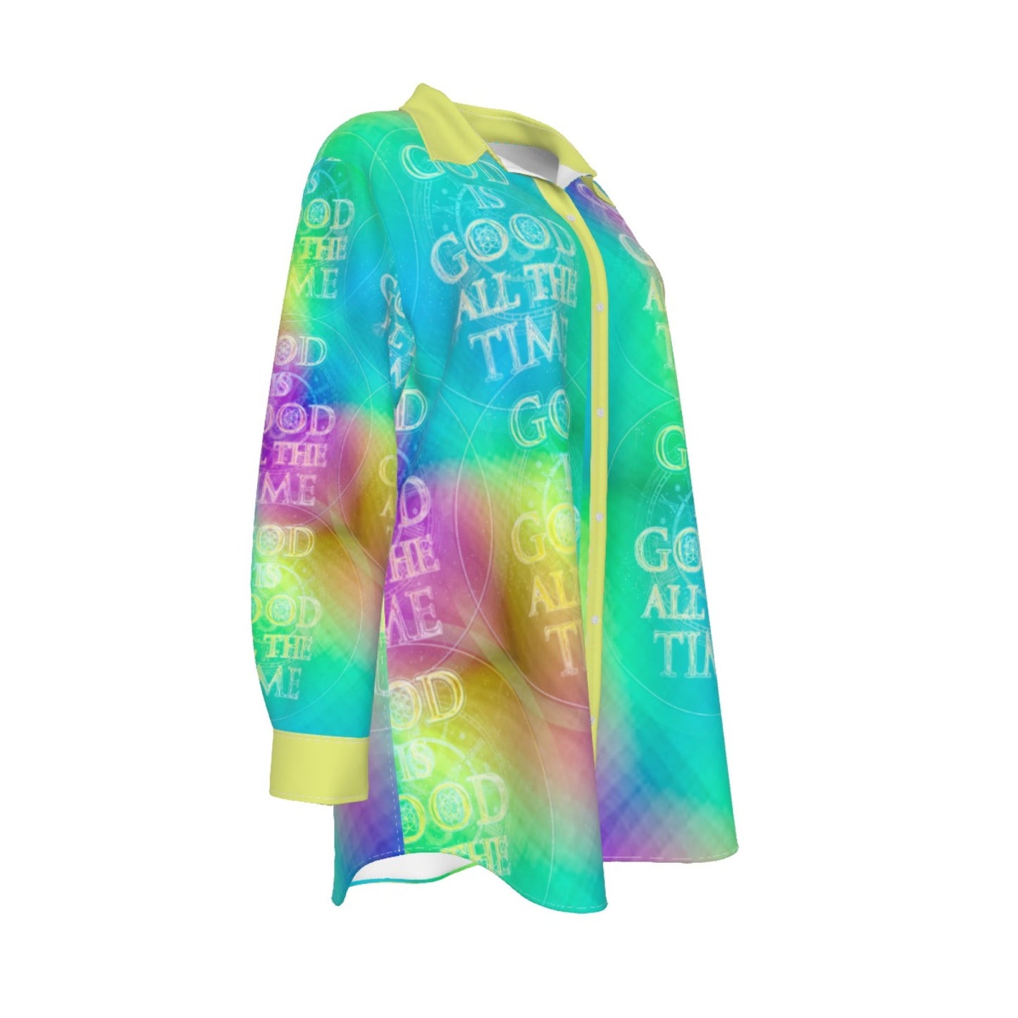 Chroma-Shift Art-to-Wear: God is Good All The Time 01-04 Plus Size Long Sleeve Camp Collar Shirt