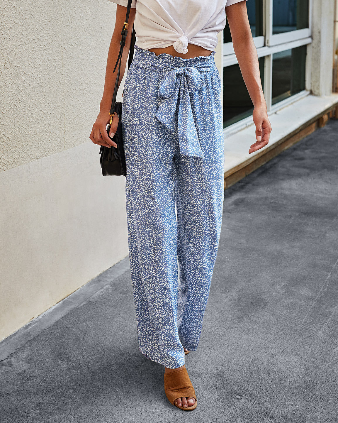 Light Blue Printed Lace Up High Rise Wide Leg Pants