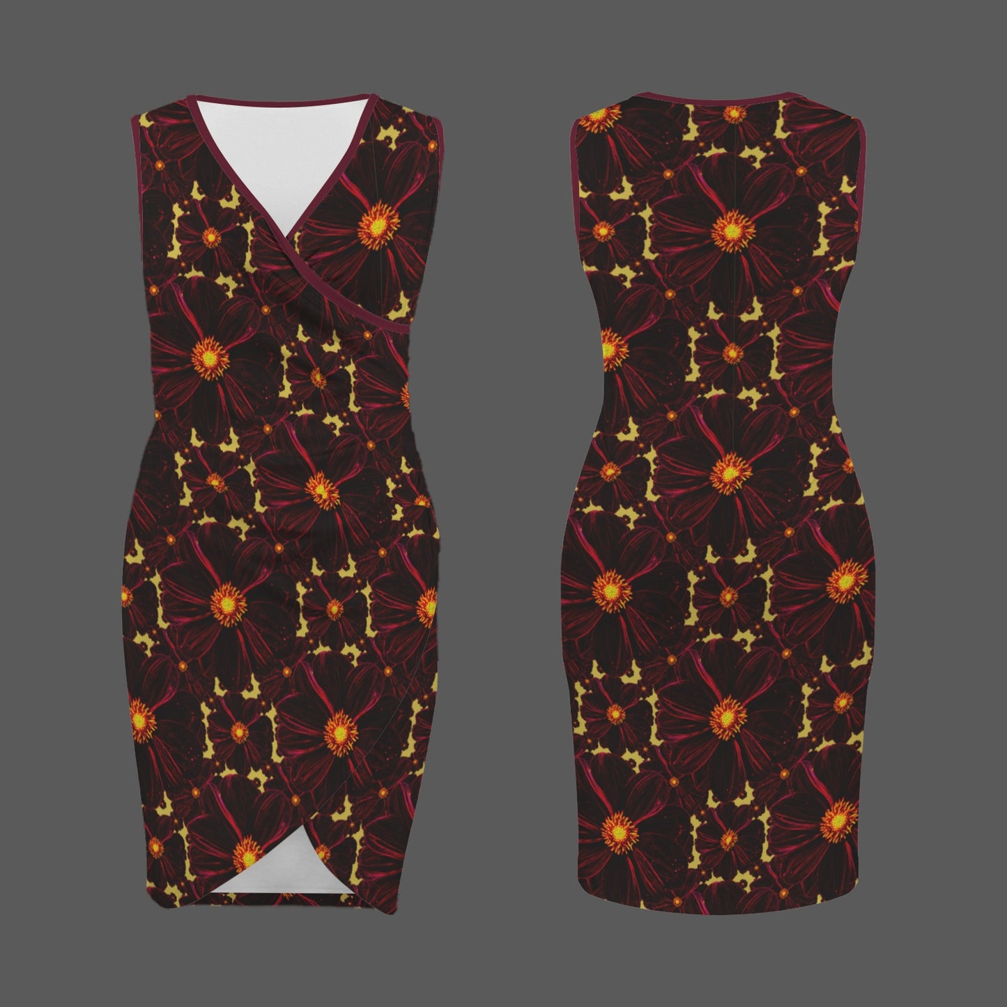 TRP Floral Print 02-01 Midnight Bishop of Aukland Dahlia Sleeveless V-neck Faux Wrap Ruched Bodycon Dress