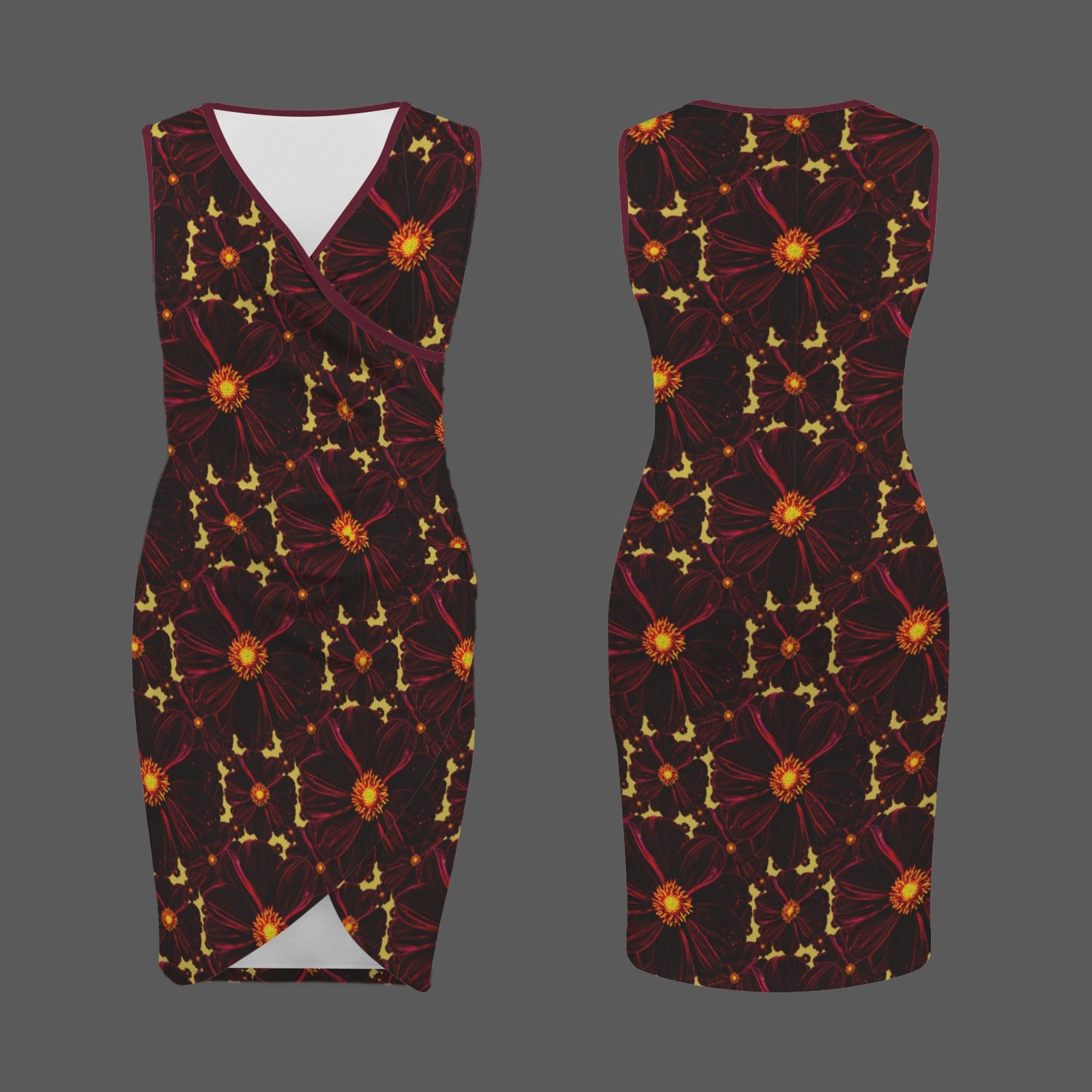 TRP Floral Print 02-01 Midnight Bishop of Aukland Dahlia Sleeveless V-neck Faux Wrap Ruched Bodycon Dress