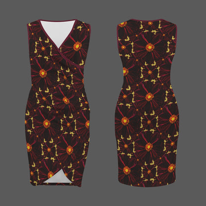 TRP Floral Print 02-01 Midnight Bishop of Aukland Dahlia Sleeveless V-neck Faux Wrap Ruched Bodycon Dress