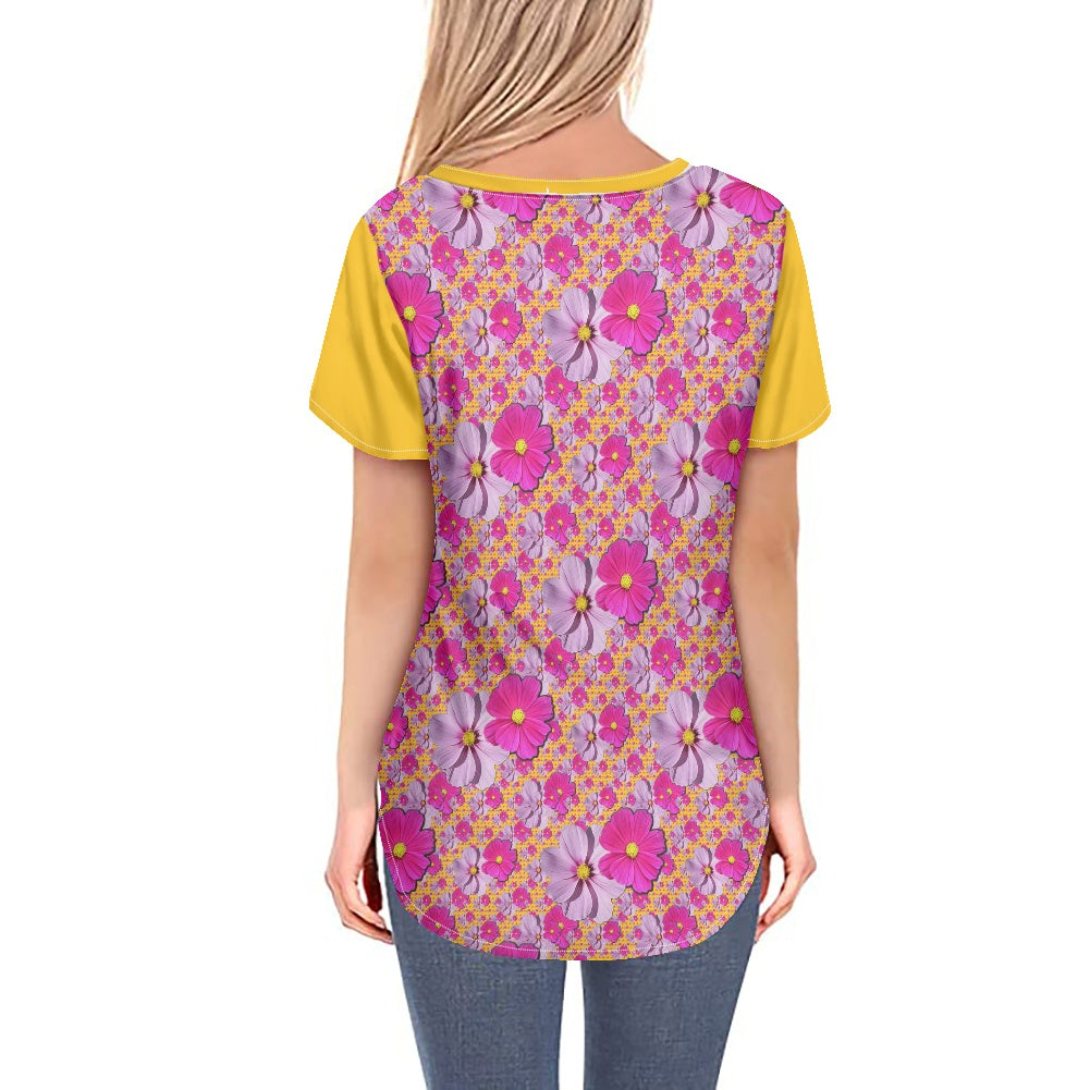 TRP Floral Print 05: Garden Cosmos Designer V-neck Curved Hem Long T-shirt