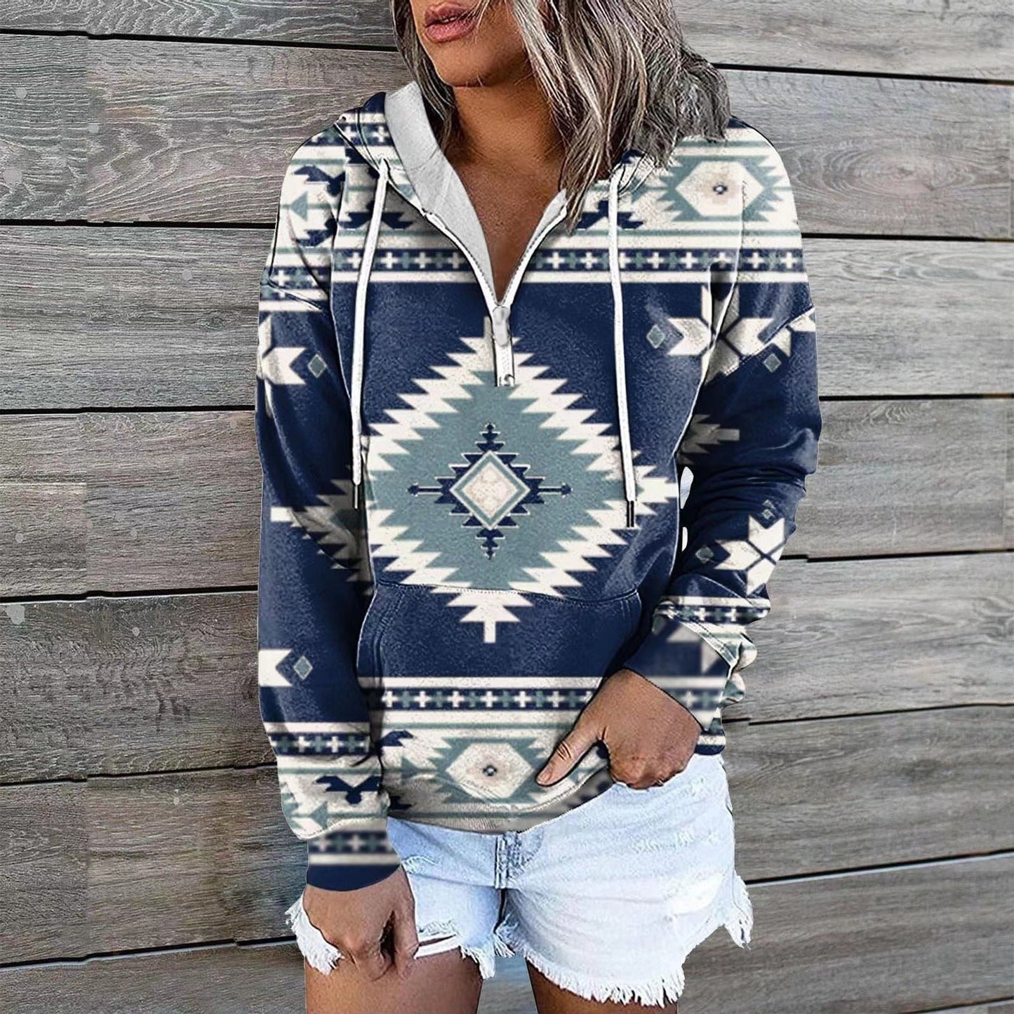 Ethnic Tribe Print 1/4 Zip Pullover Hoodie for Women (11 styles)