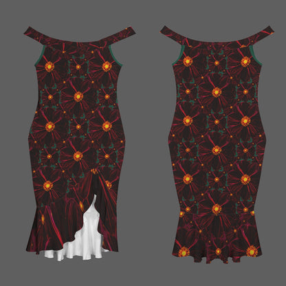 TRP Floral Print 02-02 Midnight Bishop of Aukland Dahlia Off Shoulder Ruffle Hem Bodycon Party Dress