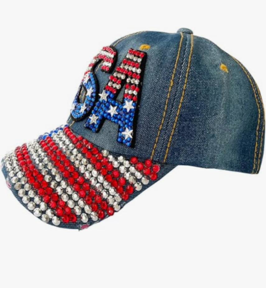 Distressed Denim Rhinestone American Flag Baseball Cap