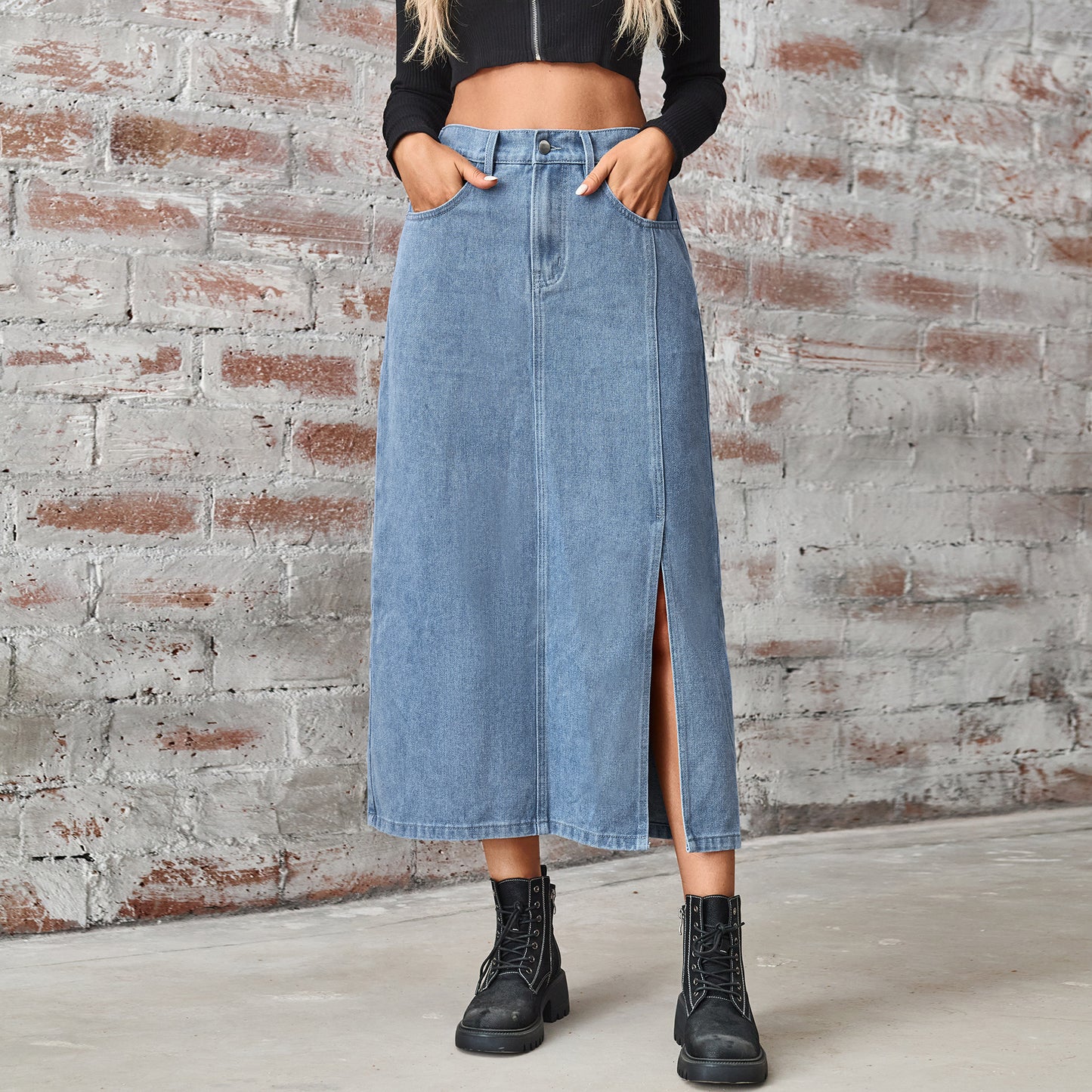 Washed Elastic High Waist Denim A-line Split Maxi Skirt