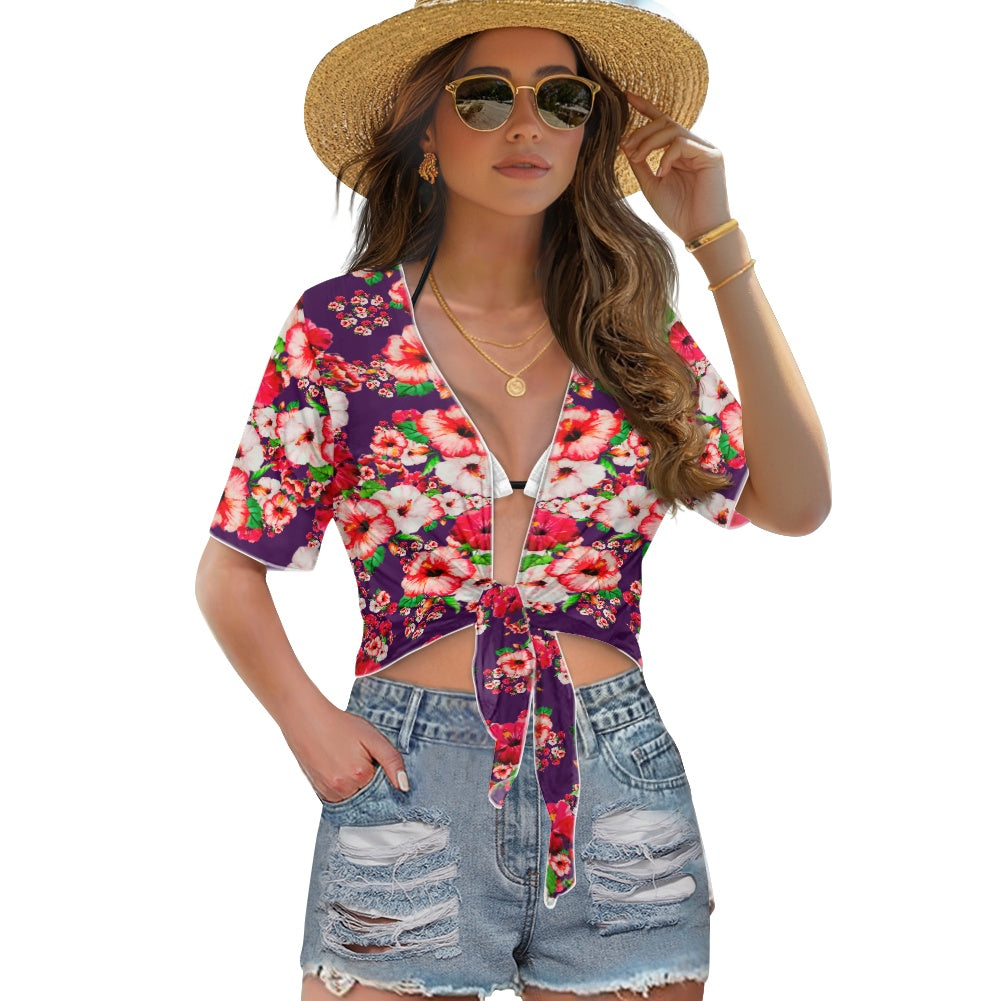 TRP Floral Print 03: Hibiscus Flowers 01-01 Tropical Bloom Tie-Front Crop Top