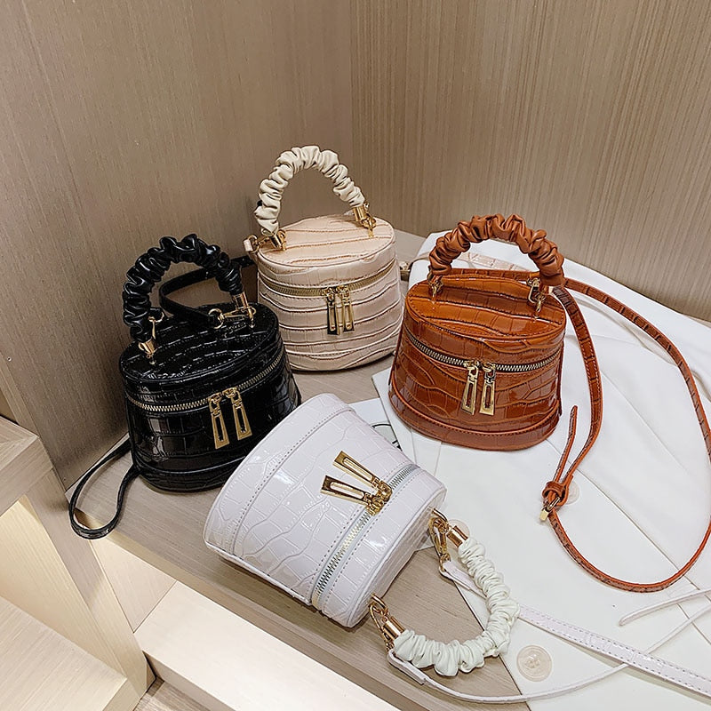 Stone Crocodile Pattern Bucket Bag with Pleated Handle (4 colors)