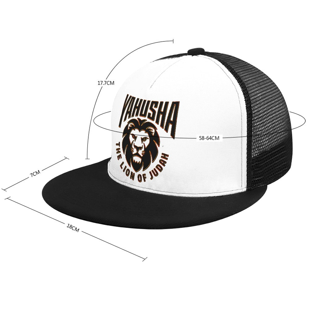 Yahusha-The Lion of Judah 02-01 Designer Flat Brim Trucker Cap with Black Mesh