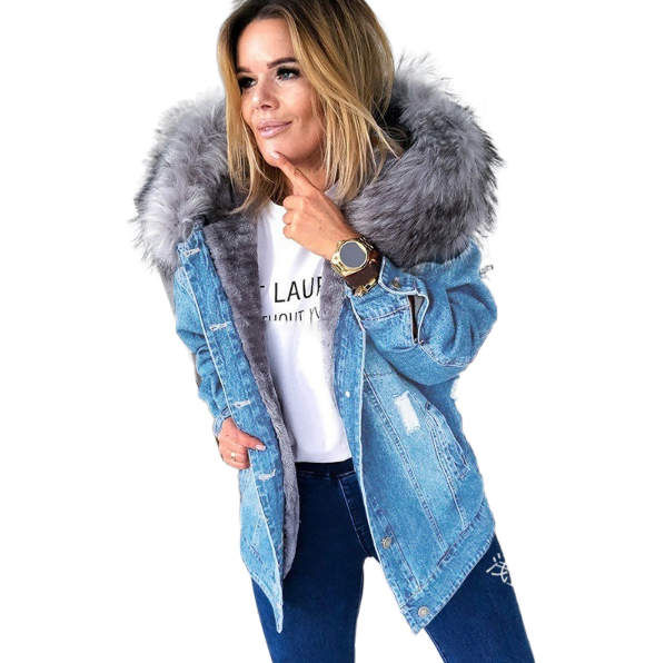 Slim Fit Fleece Lined Faux Fur Hooded Denim Jacket for Women (4 colors)