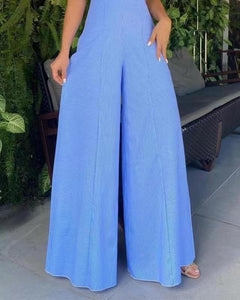 Sleeveless Striped Solid Blue Casual Wide Leg Jumpsuit