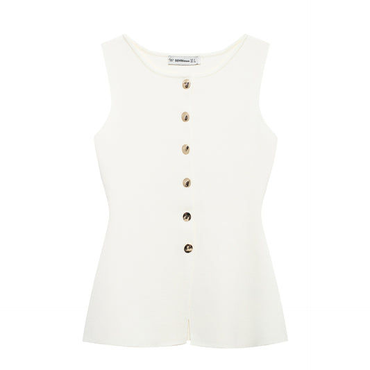 White Golden Button Embellished Flat Needle Vest Top