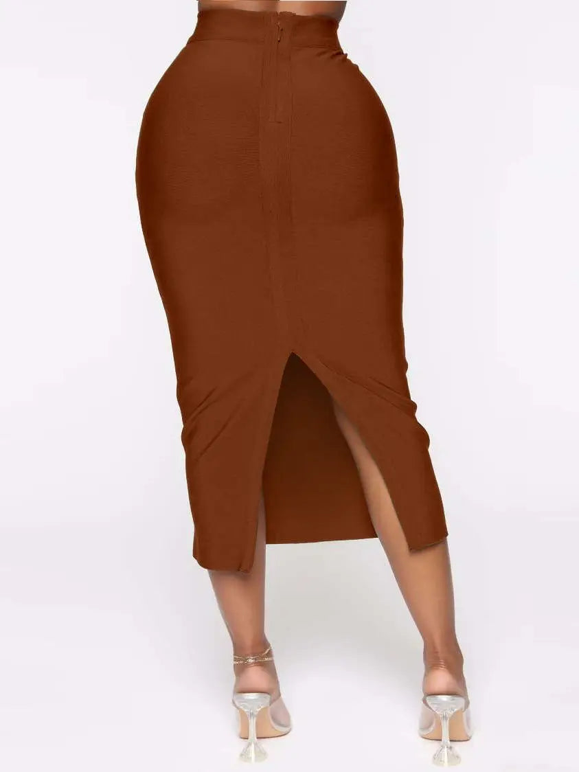 Brown High Waist Split Bandage Bodycon Midi Skirt