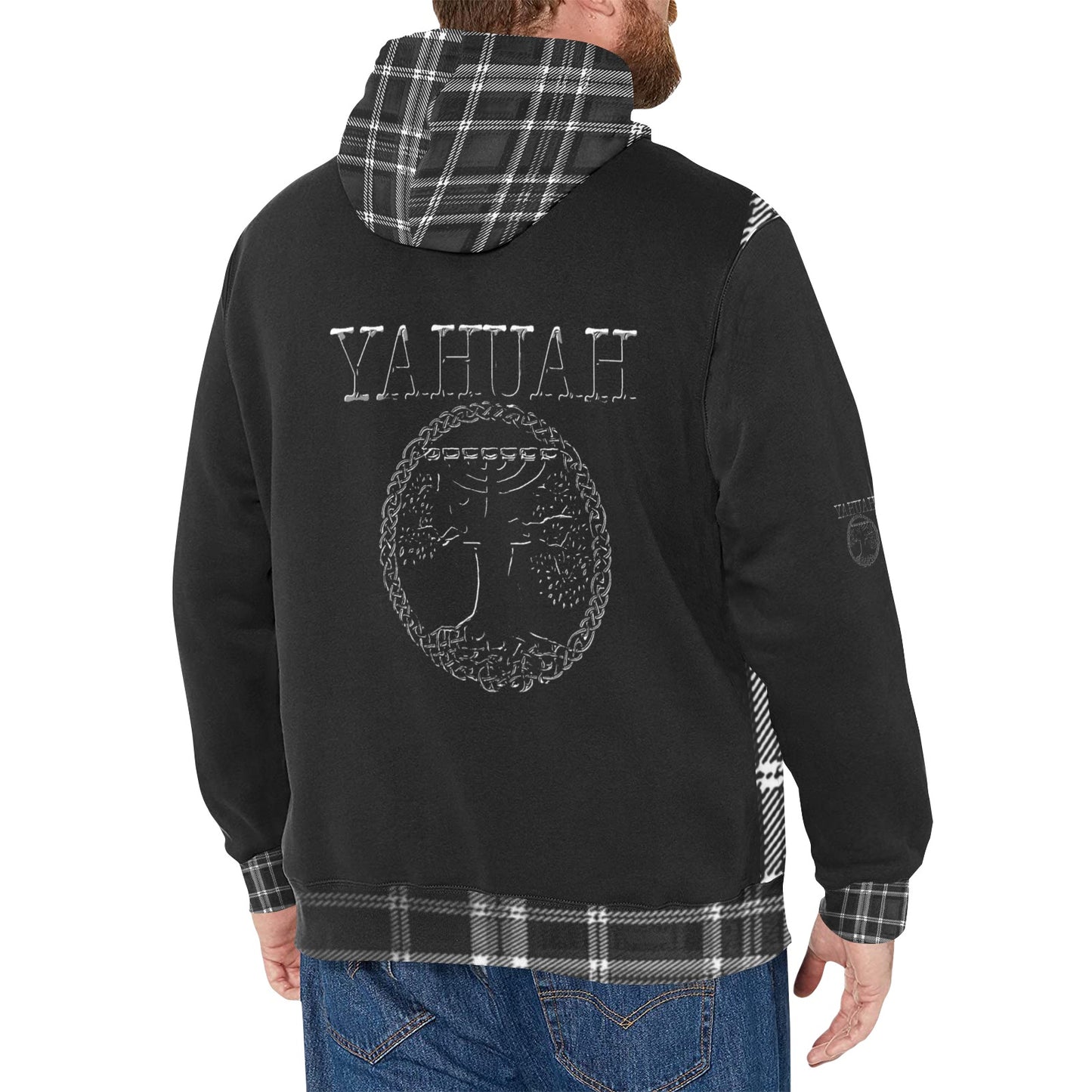 Yahuah-Tree of Life 02-04 + Digital Plaid 01-06A Men's Designer High Neck Fleece Lined Pullover Hoodie