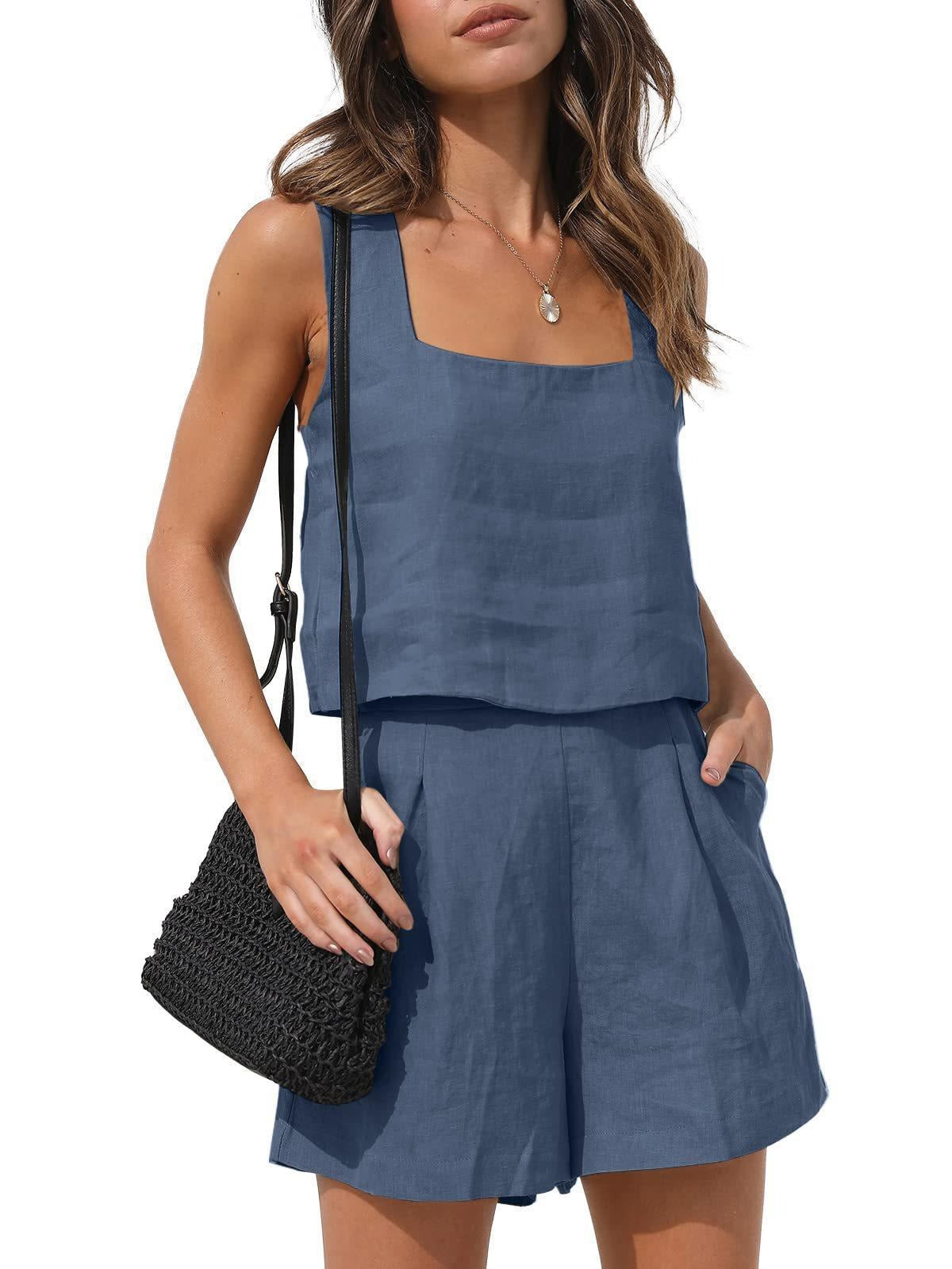 Two Piece Sleeveless Square Neck Linen Shorts Set (16 colors)