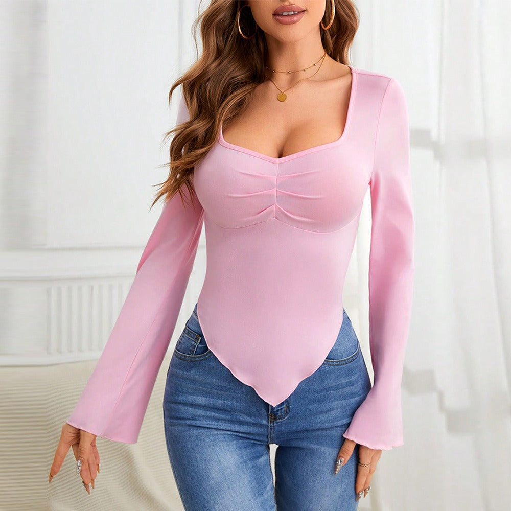 Pink Slim Fit Irregular Hem Knit Flared Long Sleeve T-shirt