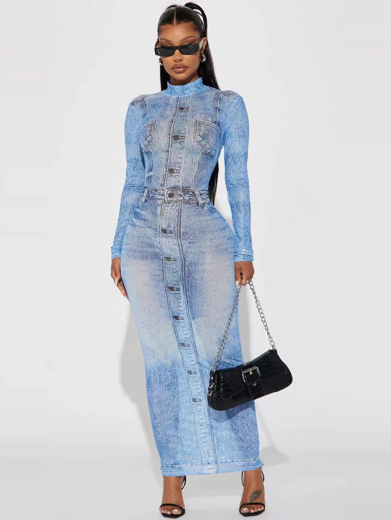 Imitation Denim Printed Long Sleeve Mock Neck Maxi Dress