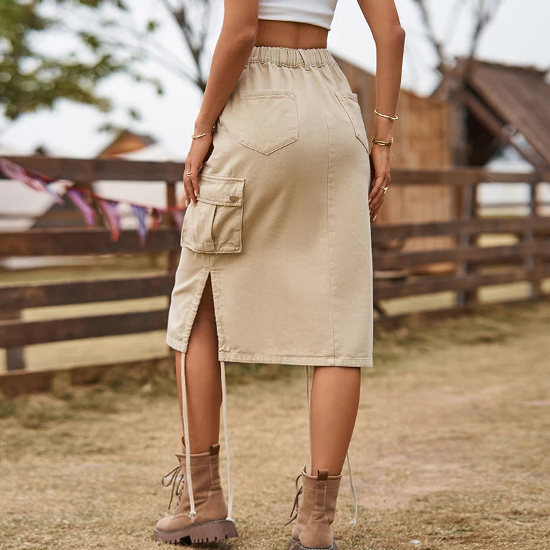 Solid Color Drawstring Cargo Midi Skirt (4 colors)