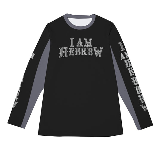 I AM HEBREW 02-02 Men's Designer Long Sleeve Cotton T-shirt, Black+BlackChrome