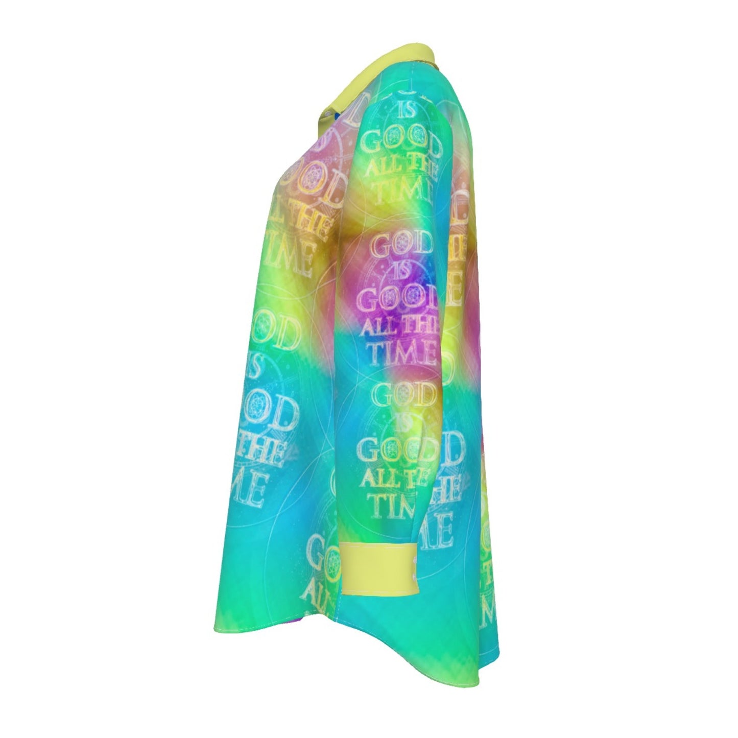 Chroma-Shift Art-to-Wear: God is Good All The Time 01-04 Plus Size Long Sleeve Camp Collar Shirt