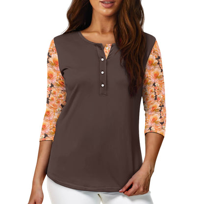 Floral Embosses: Roses 03-02 "Apricot Bloom Essential" Contrast Three-Quarter Sleeve Henley Tunic