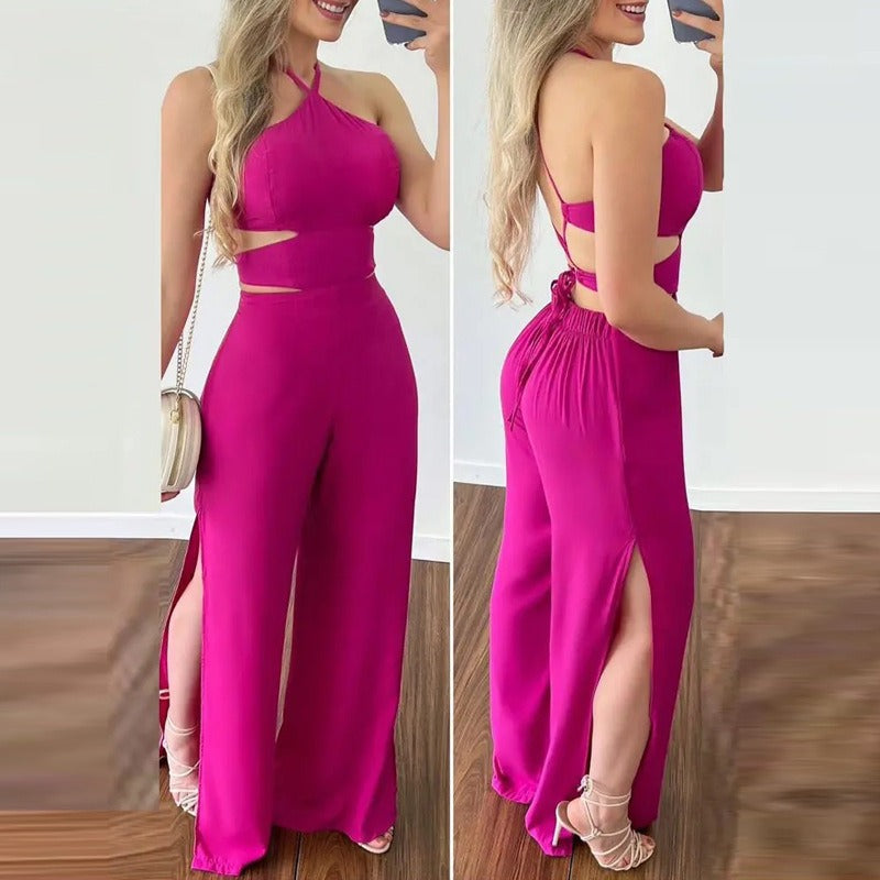 Hollowed Out Halter Neck Slim Fit Open Back Jumpsuit (Orange/Rose Red)