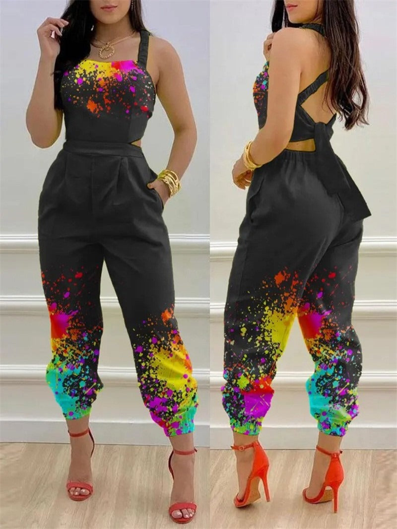 Solid Color/Printed Cross Lace Up Open Back Cropped Jumpsuit (6 Styles)