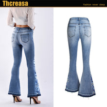 Load image into Gallery viewer, Light Blue Flared Embroidery Detail Women Denim Jeans