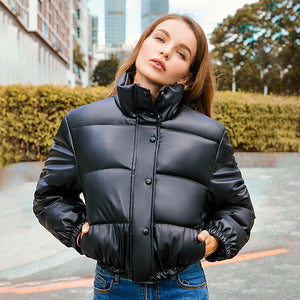 Stand Collar Solid Color PU Leather Puffer Jacket (3 colors)
