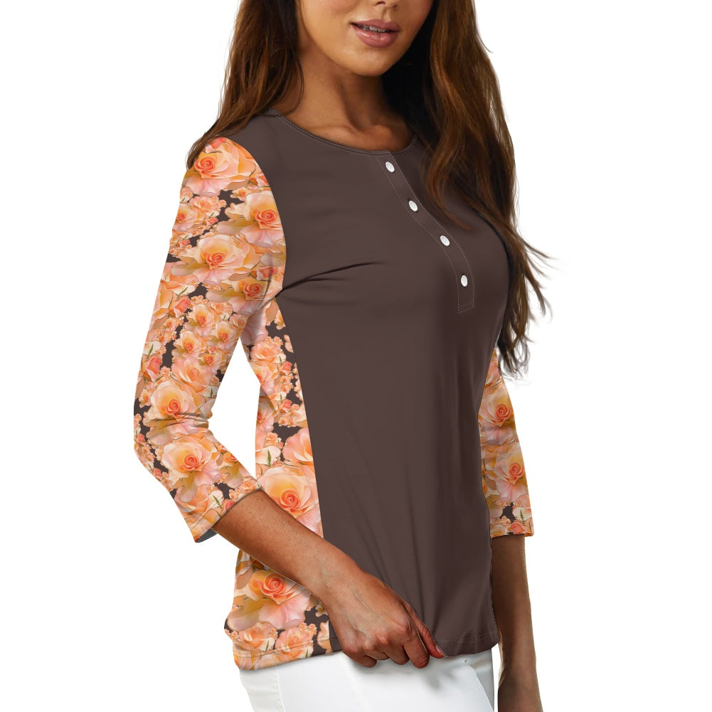Floral Embosses: Roses 03-02 "Apricot Bloom Essential" Contrast Three-Quarter Sleeve Henley Tunic