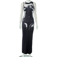 Cargar imagen en el visor de la galería, Round Neck Black Marble Print Bodycon Maxi Dress