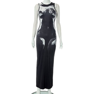Round Neck Black Marble Print Bodycon Maxi Dress