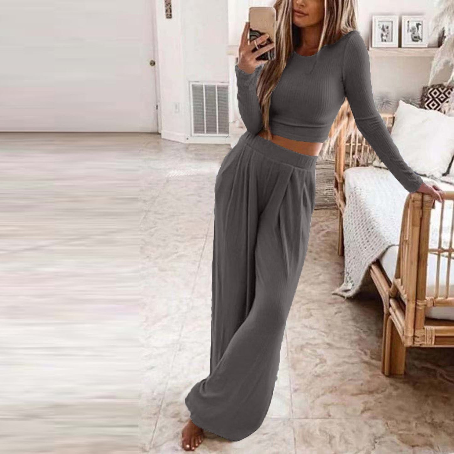 Solid Color Knit Long Sleeve Two Piece Wide Leg Pants Set (6 colors)