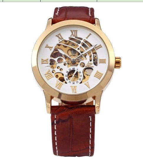 Hollow Out Antique Mechanical 30m Waterproof Male Watch with Leather Band (11 colors)